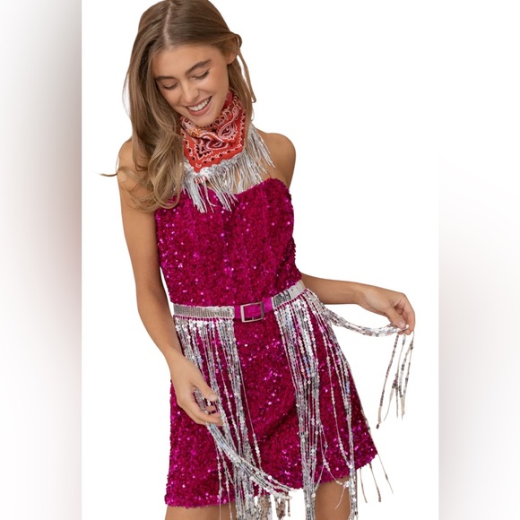 NEW blue b Magenta Velvet Allover Sequin Silver Fringe Bodycon Belted Mini Dress - Picture 2 of 5